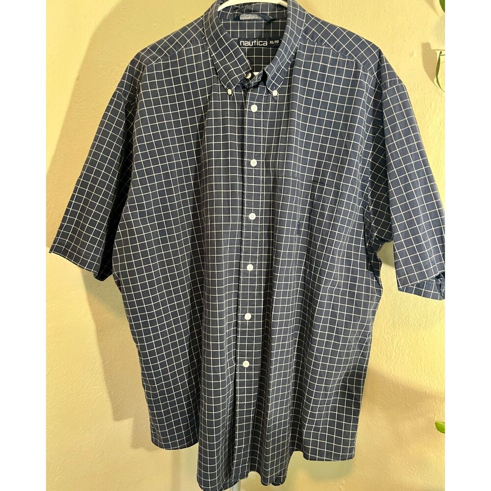 Nautica Men's Blue Windowpane Grid Short Sleeve Button Down Shirt XL